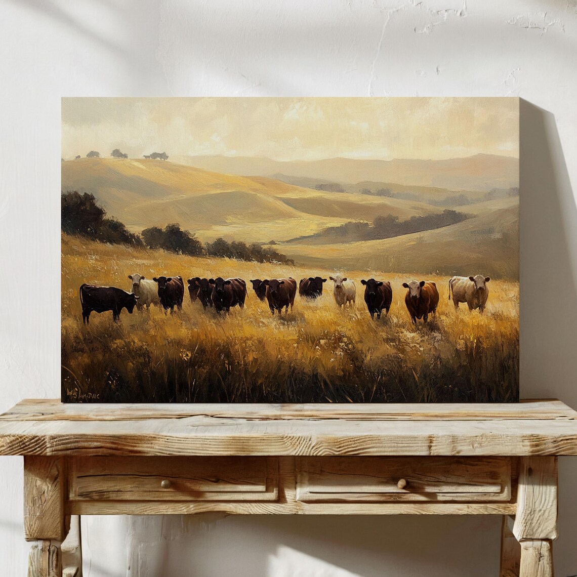Cattle Herd Golden Field Western Ranch Sunset Landscape Wall Poster