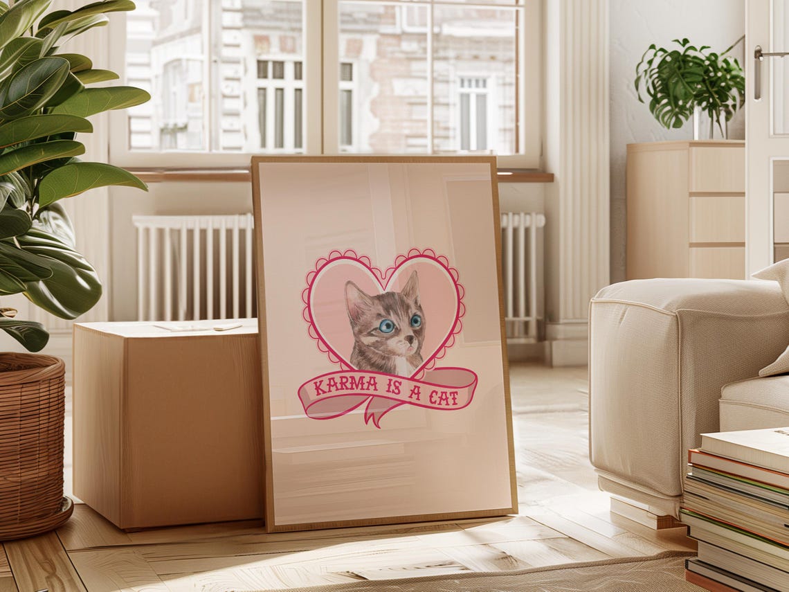 Karma Is a Cat Kitten in Pink Heart Cute Cat Lover Wall Art Poster - Image 4