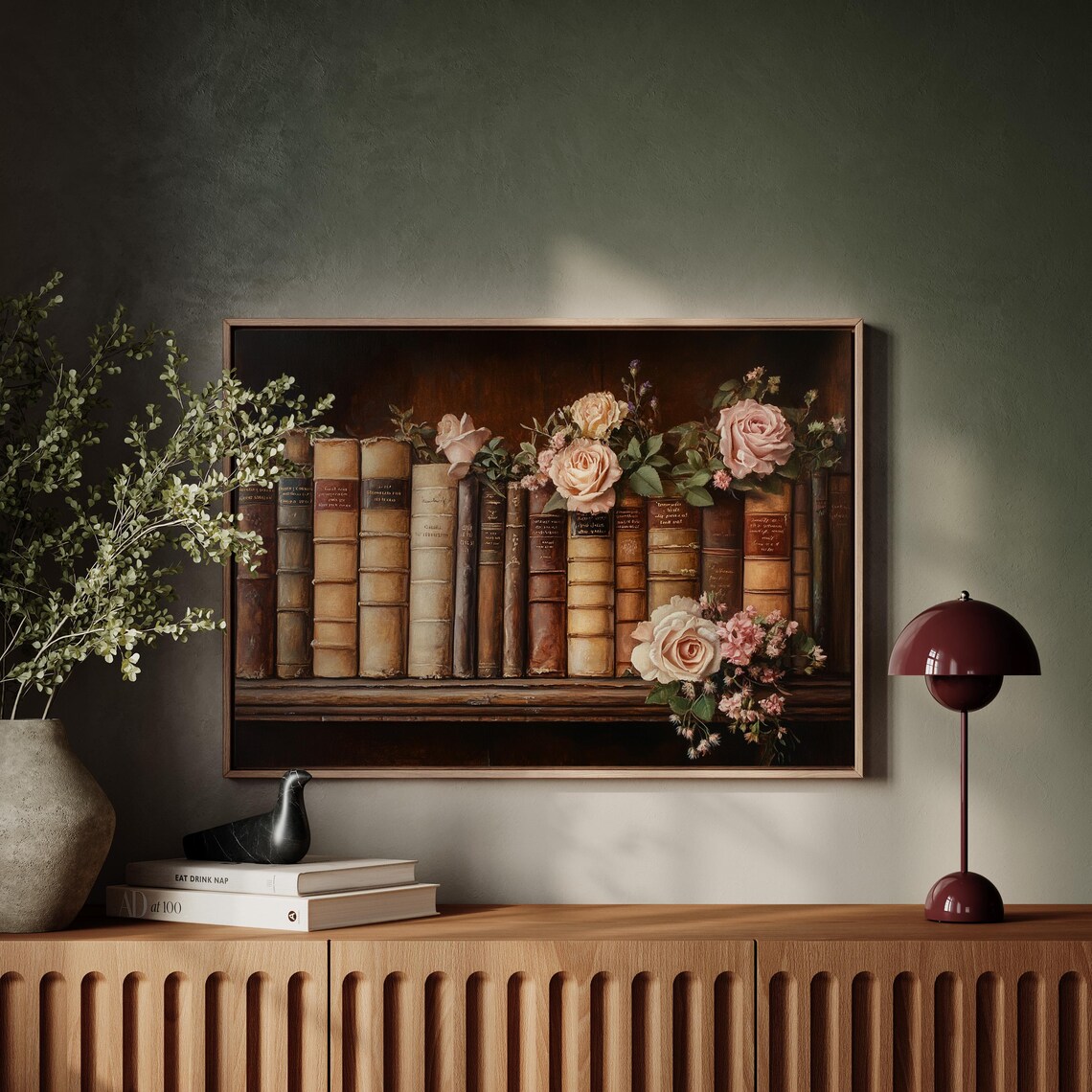 Antique Books Shelf With Pink Roses Vintage Literary Wall Art - Image 4