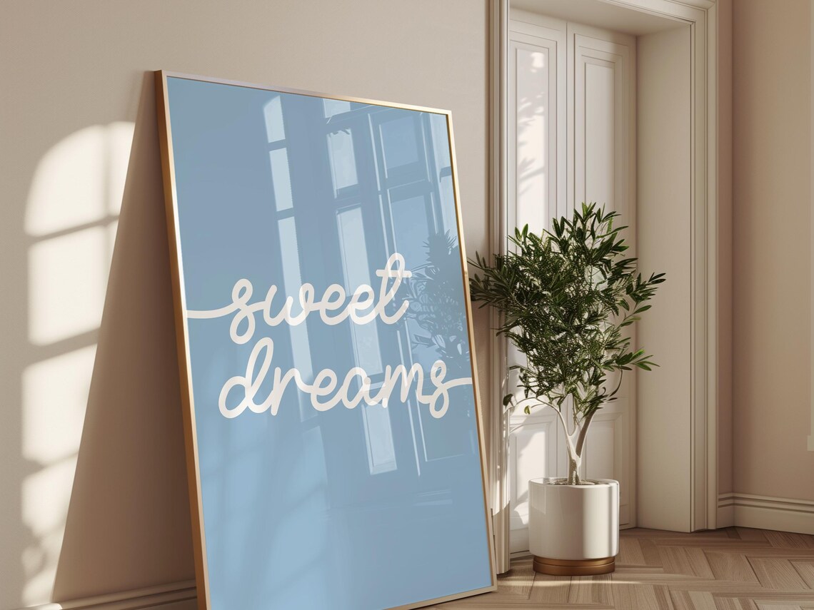 Sweet Dreams White Script Blue Aesthetic Minimalist Bedroom Quote Poster - Image 4