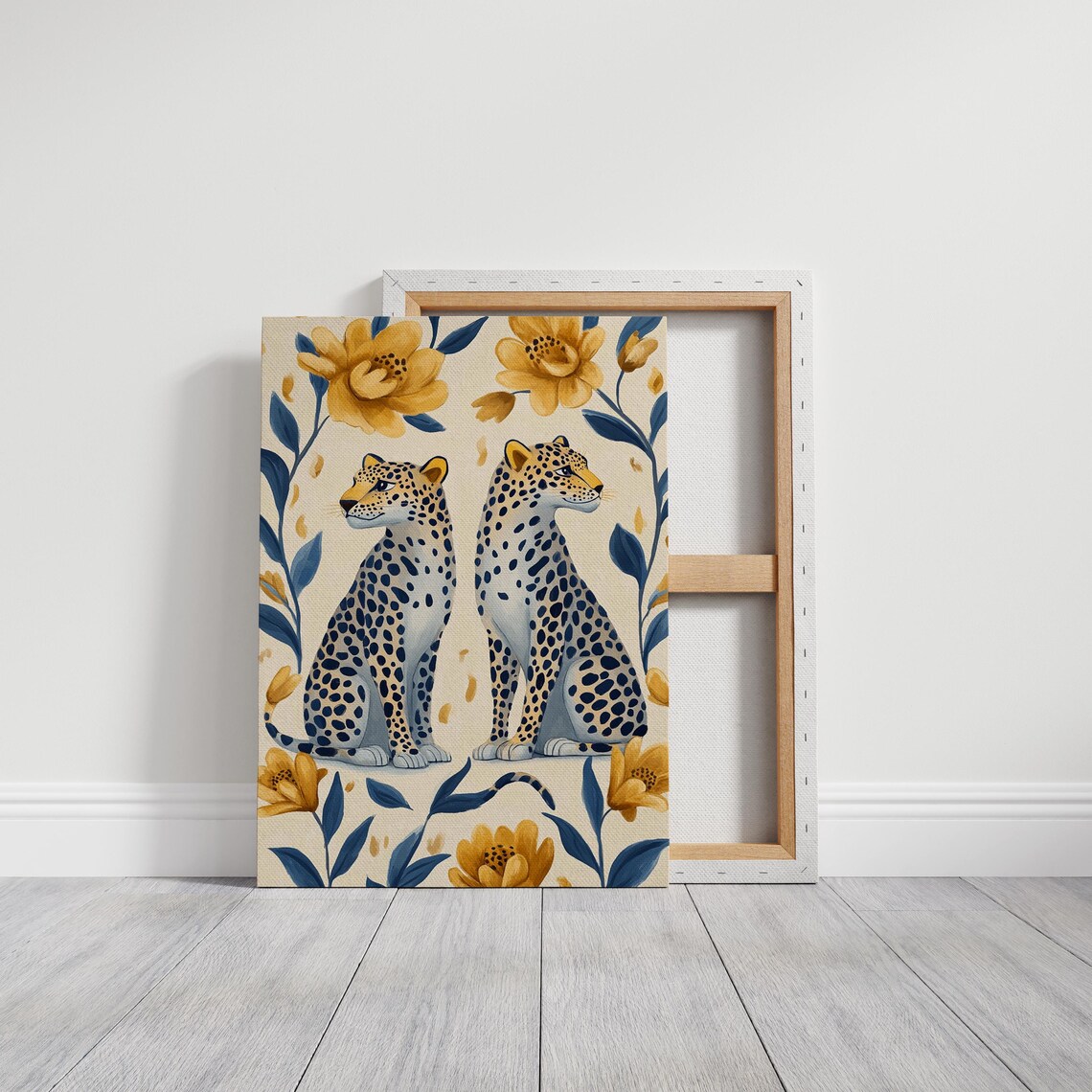 Elegant Cheetah Pair Yellow Flowers Cream Background Wildlife Art Poster - Image 4