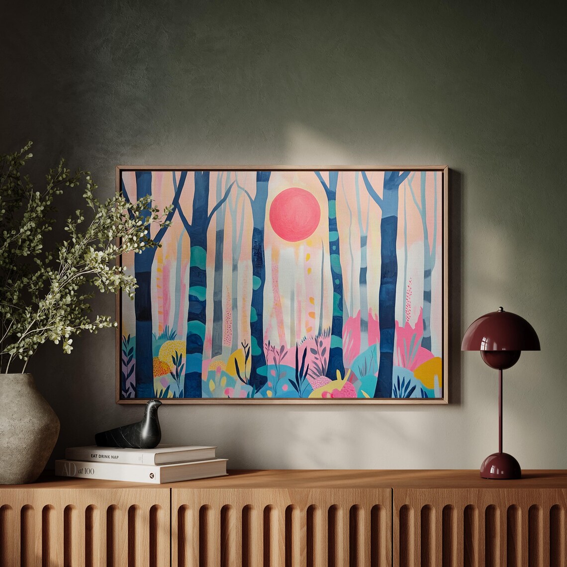 Whimsical Forest Landscape With Pink Sun Abstract Nature Painting Style Prints In Pastel Shades - Image 2