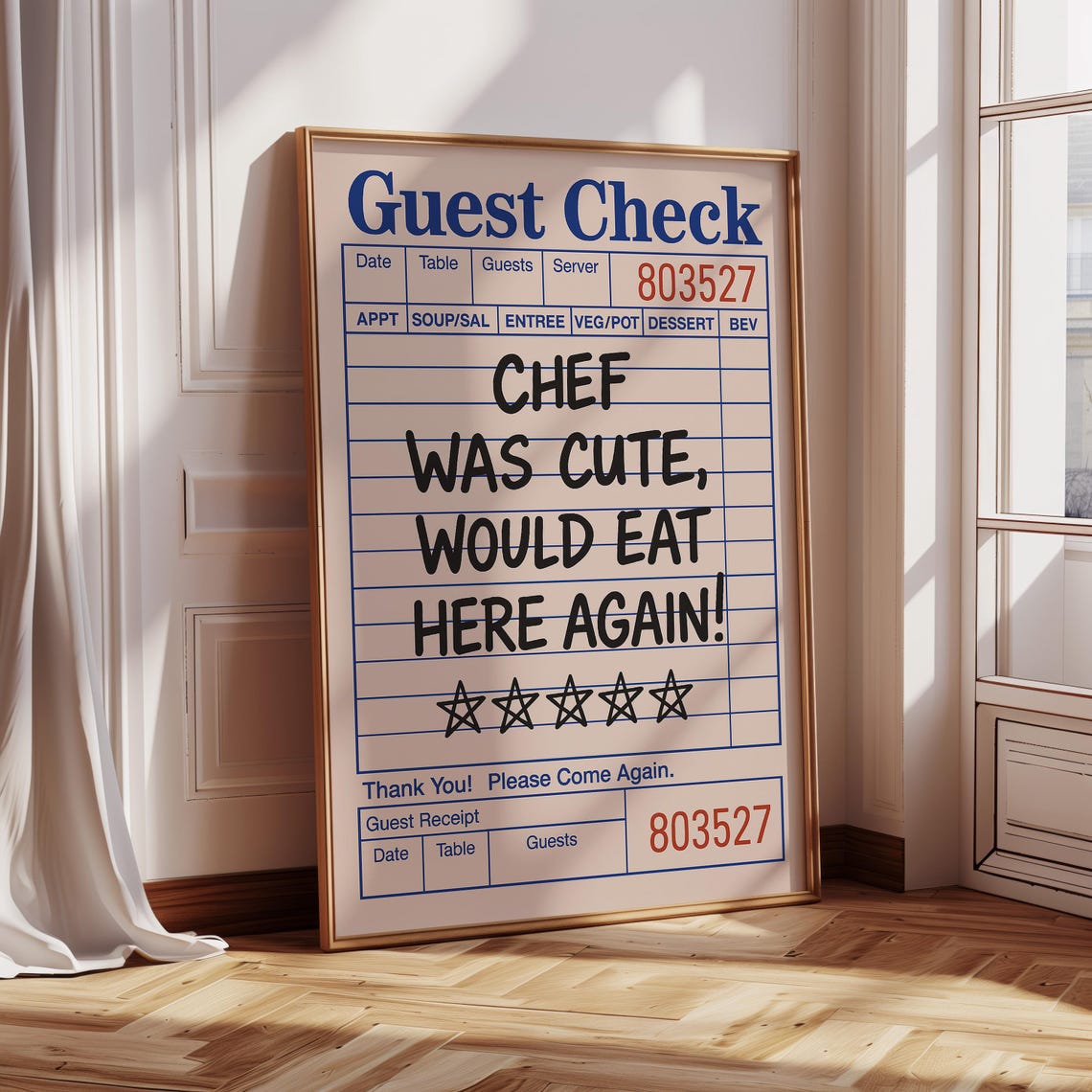 Funny Guest Check Art Print Chef Was Cute Restaurant Receipt Poster Quirky Diner Inspired Kitchen Wall Decor With 5 Star Humor - Image 4