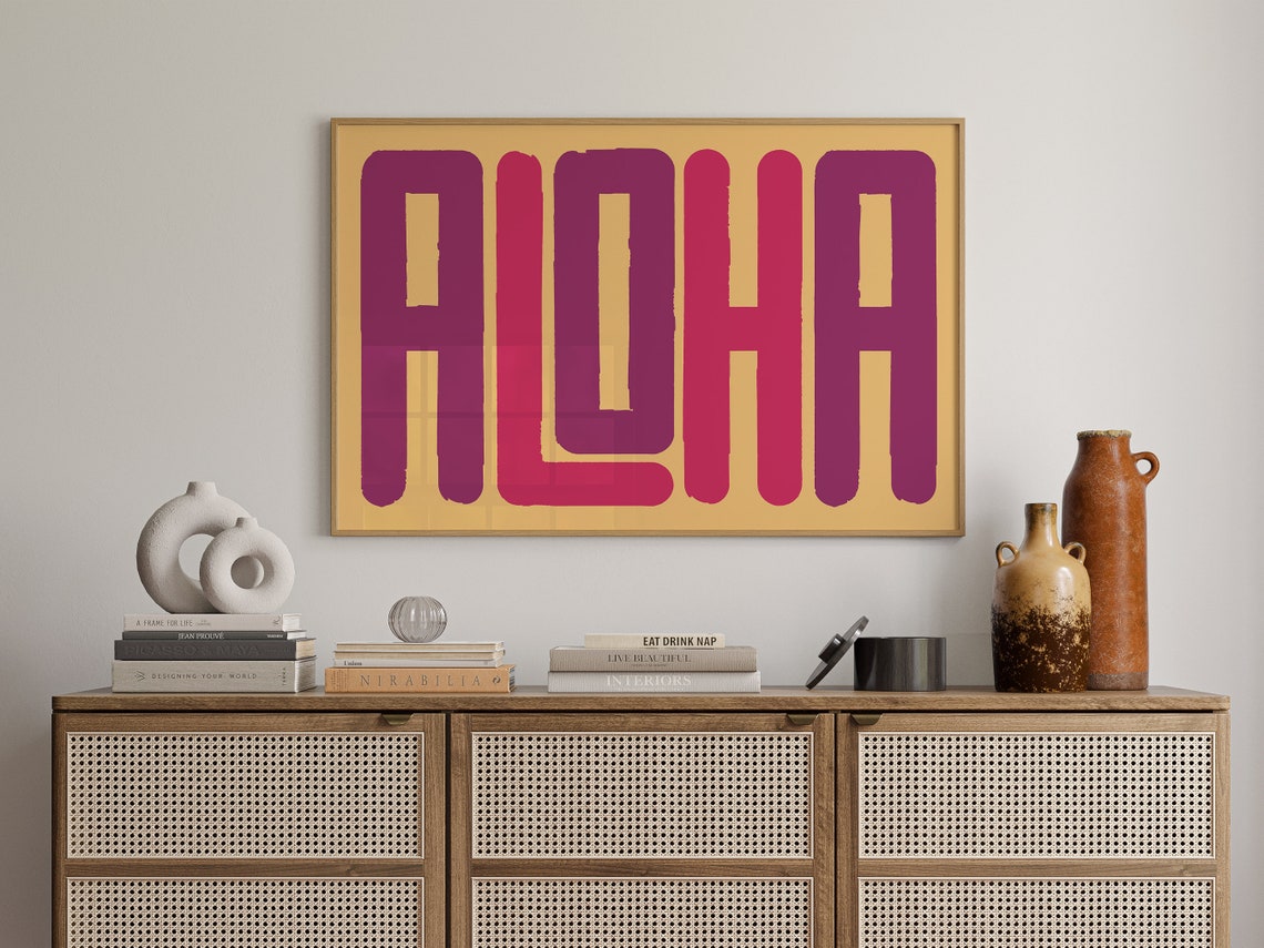 Aloha Bold Magenta Typography Mustard Yellow Hawaiian Art Poster - Image 2