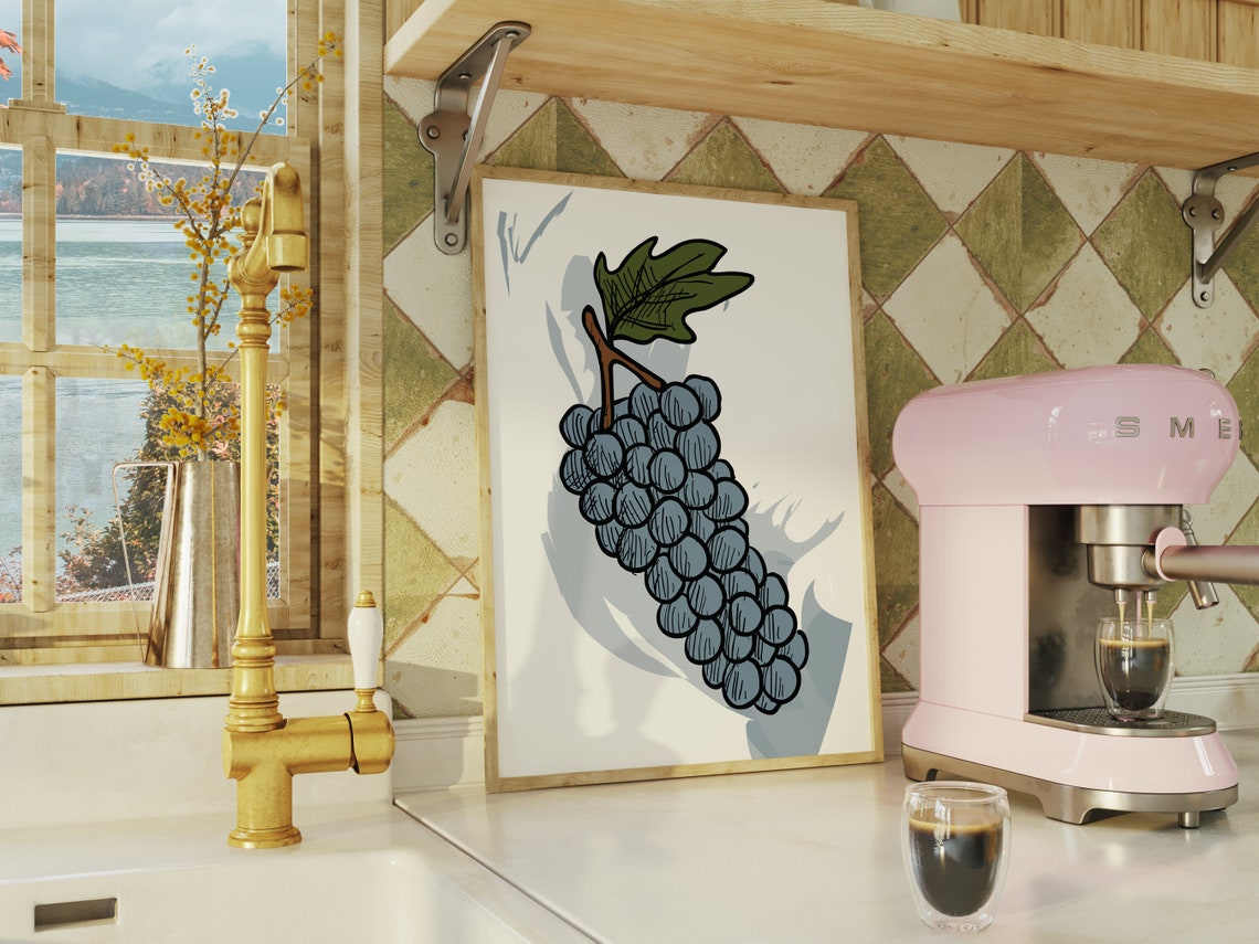 Grape Cluster Hand Drawn Sketch Blue Vine Kitchen Boho Fruit Wall Art - Image 4