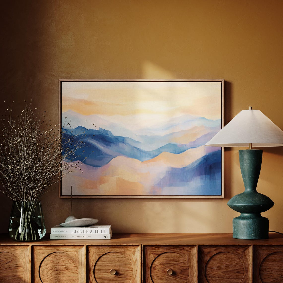 Serene Abstract Mountain Landscape Soft Blue And Peach Tones Minimalist Nature Wall Art For Modern And Calm Decor - Image 2