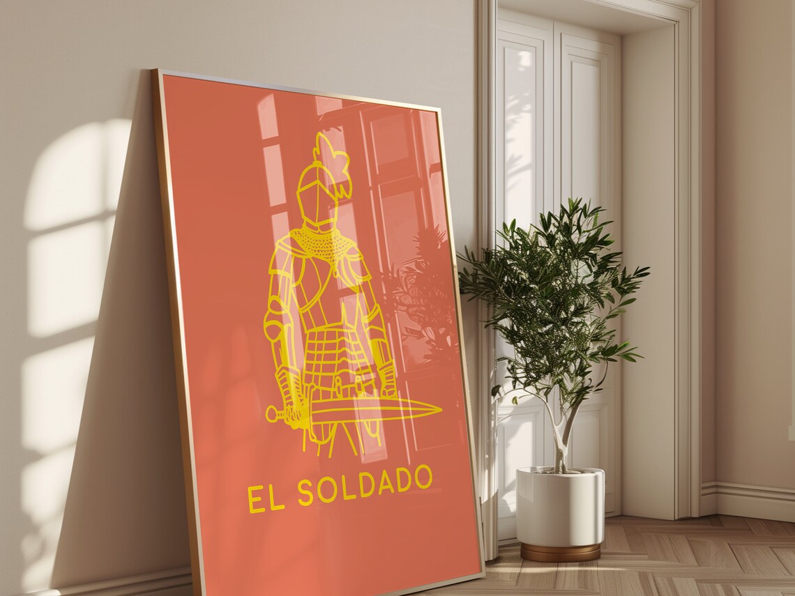 El Soldado Mexican Loteria Knight Armor Line Art Coral Wall Poster - Image 4