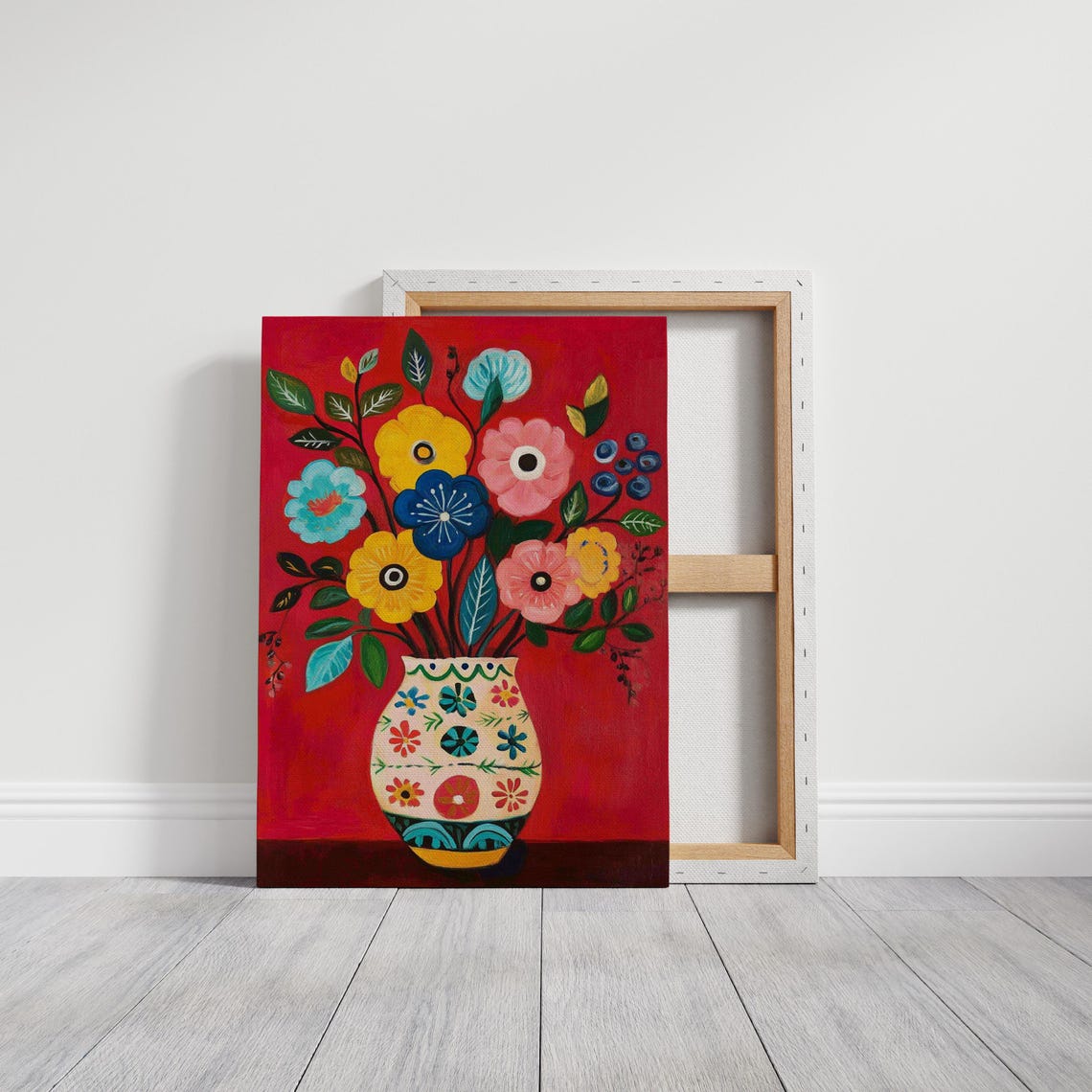 Vibrant Folk Art Floral Bouquet In A Patterned Vase On Bold Red Background - Image 5