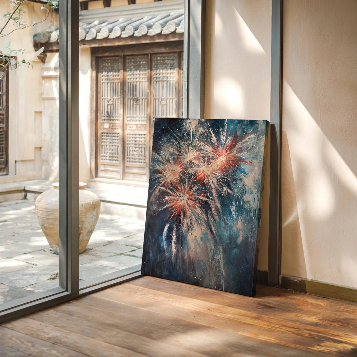 Abstract Fireworks Burst Red And White On Navy Night Modern Art Poster - Image 3