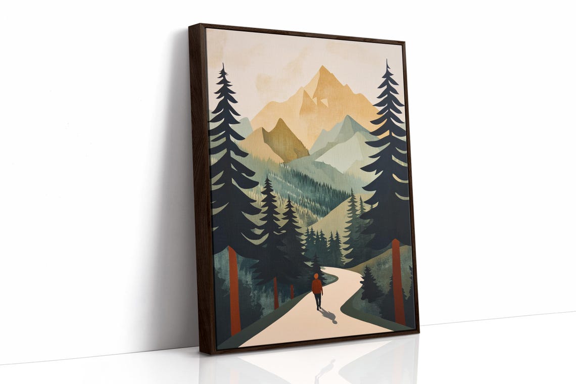 Modern Mountain Hiking Print Minimalist Forest Trail Artwork With Scenic Pines And Golden Peaks For Nature Inspired Wall Decor - Image 4