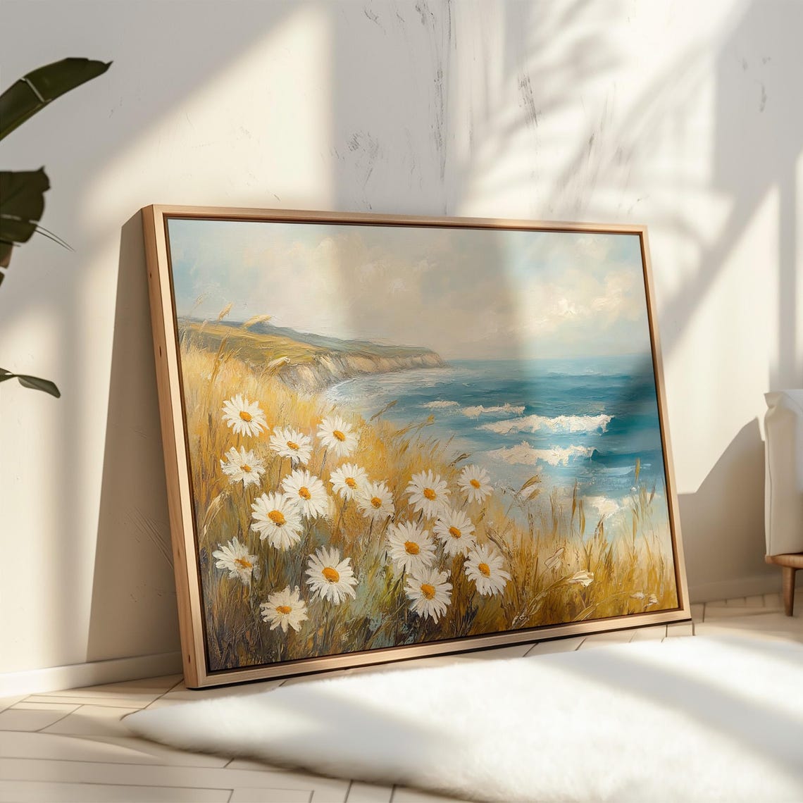 Coastal Daisy Meadow Golden Grass Cliffs Ocean View Seaside Print