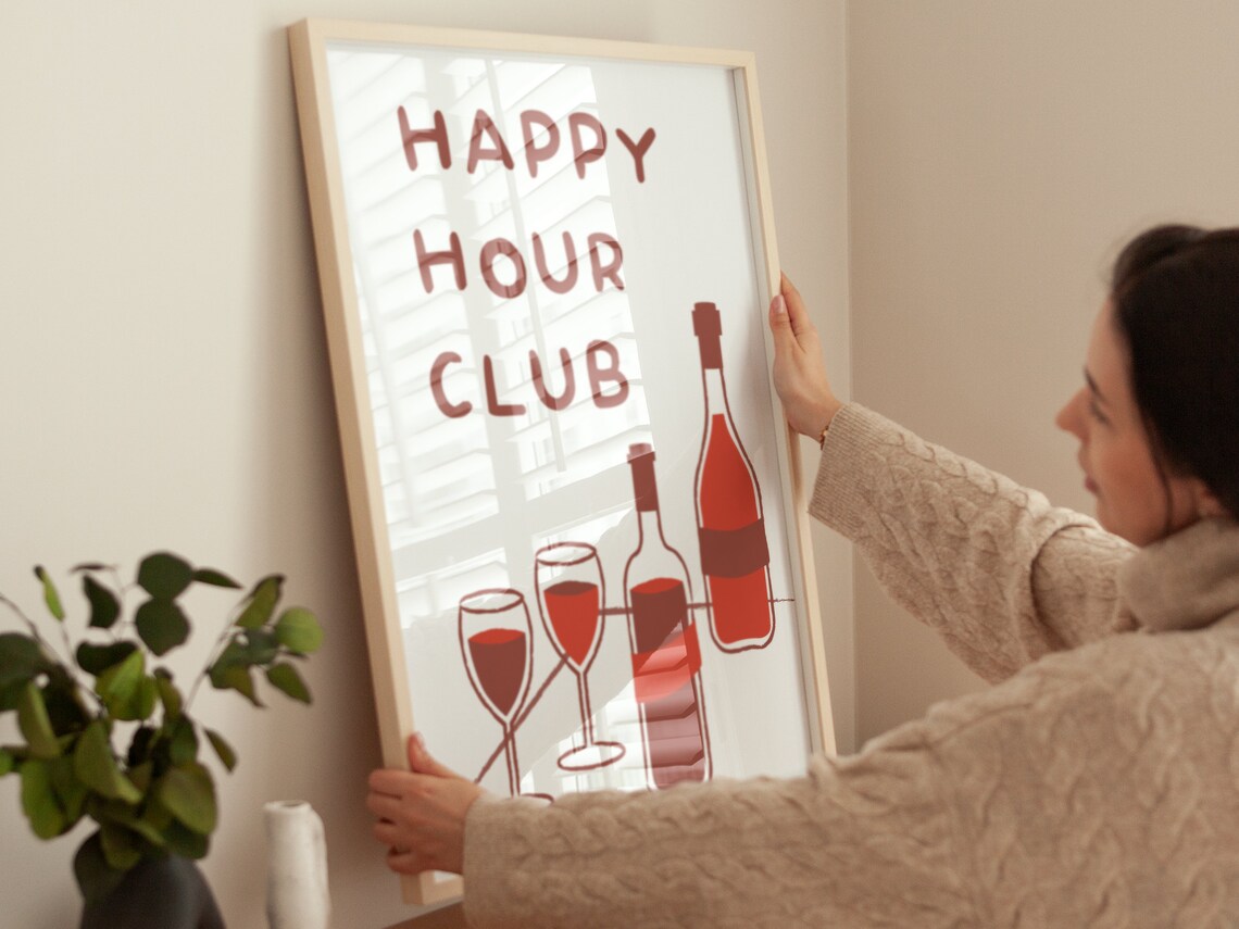 Happy Hour Club Retro Wine Bottles and Glasses Bar Kitchen Poster - Image 4