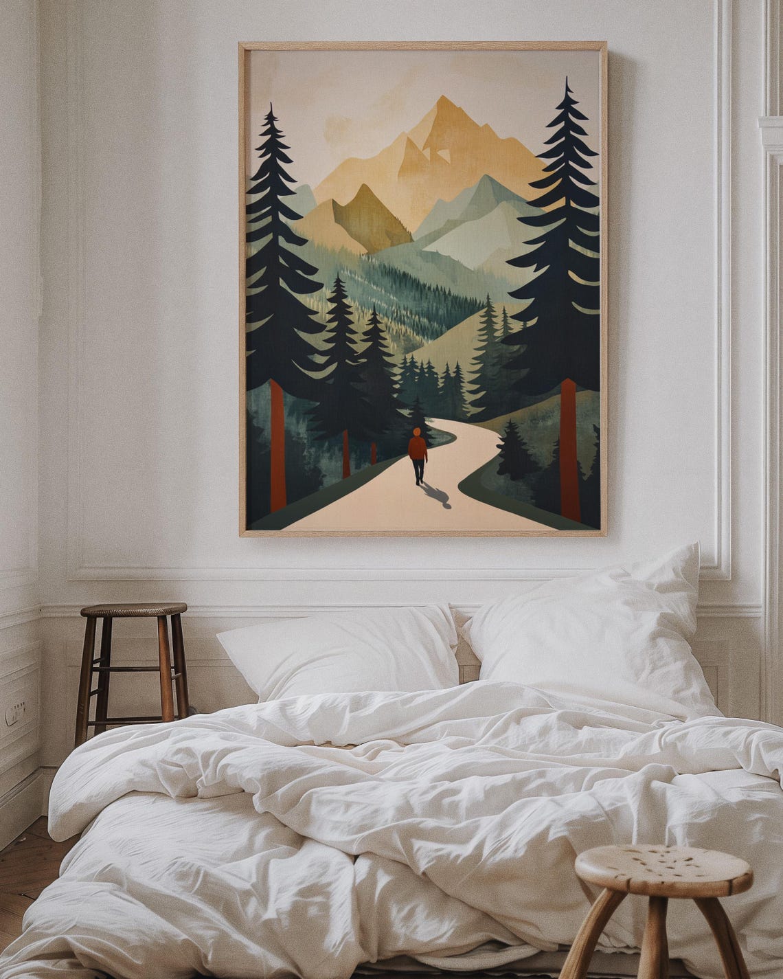 Modern Mountain Hiking Print Minimalist Forest Trail Artwork With Scenic Pines And Golden Peaks For Nature Inspired Wall Decor - Image 3