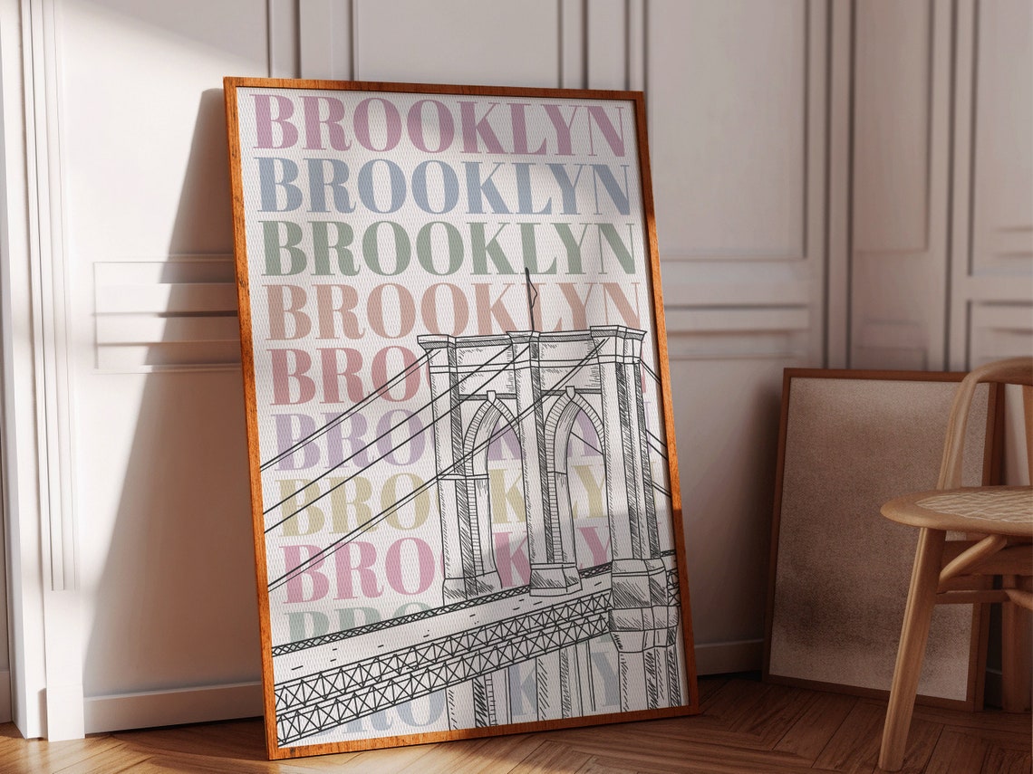 Brooklyn Bridge Line Art With Pastel Typography New York City Poster