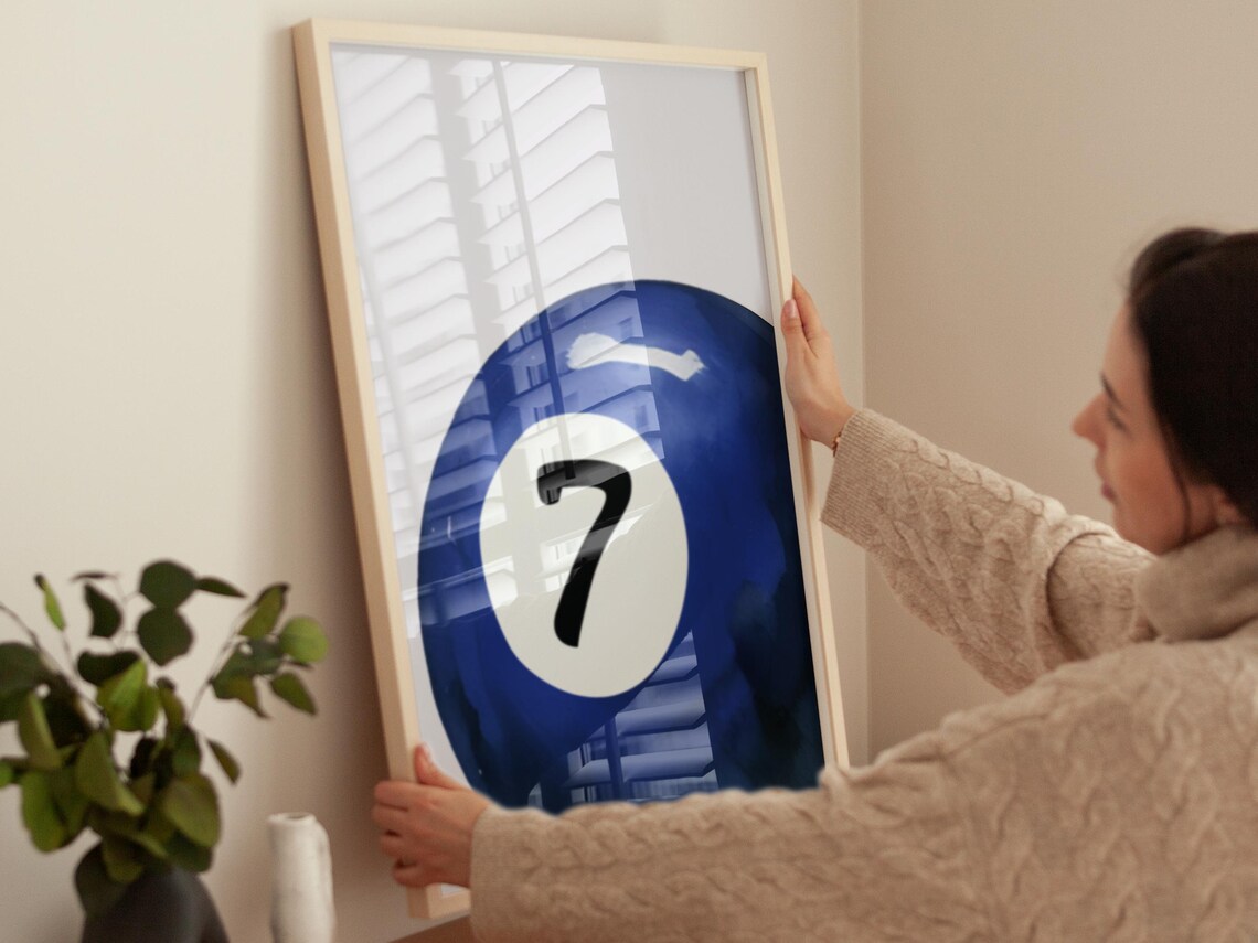 Lucky Number 7 Blue Watercolor Pool Ball Retro Sport Wall Art - Image 3