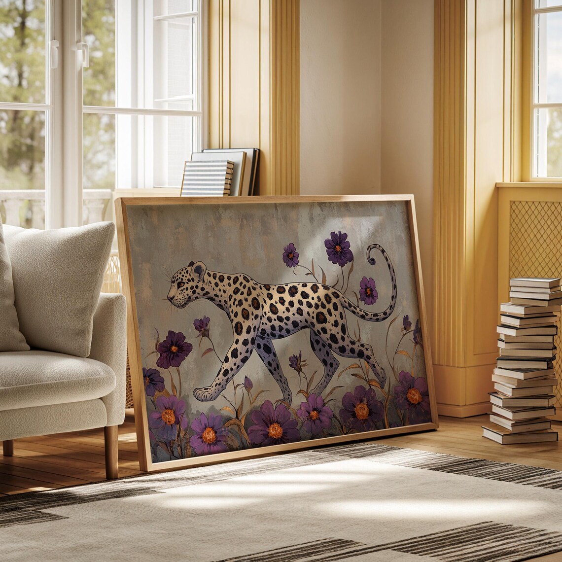 Black And White Leopard Walking Purple Flowers Wildflower Wildlife Poster - Image 3