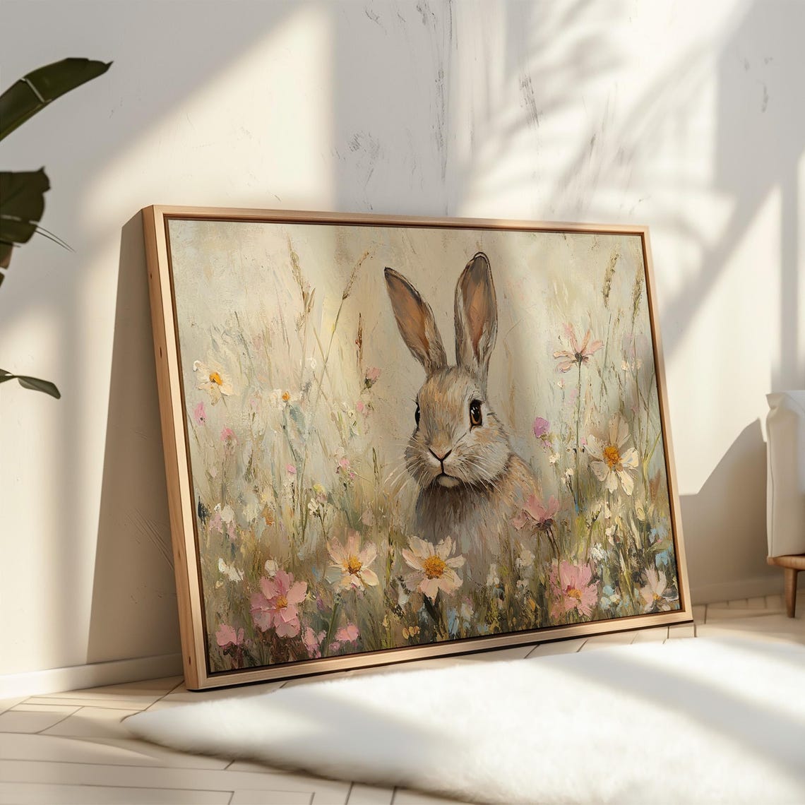 Cute Bunny In Cosmos Daisy Meadow Spring Floral Rabbit Wall Art - Image 3