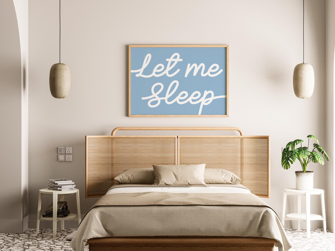 Let Me Sleep Script Quote Blue Background Minimalist Bedroom Wall Poster - Image 4