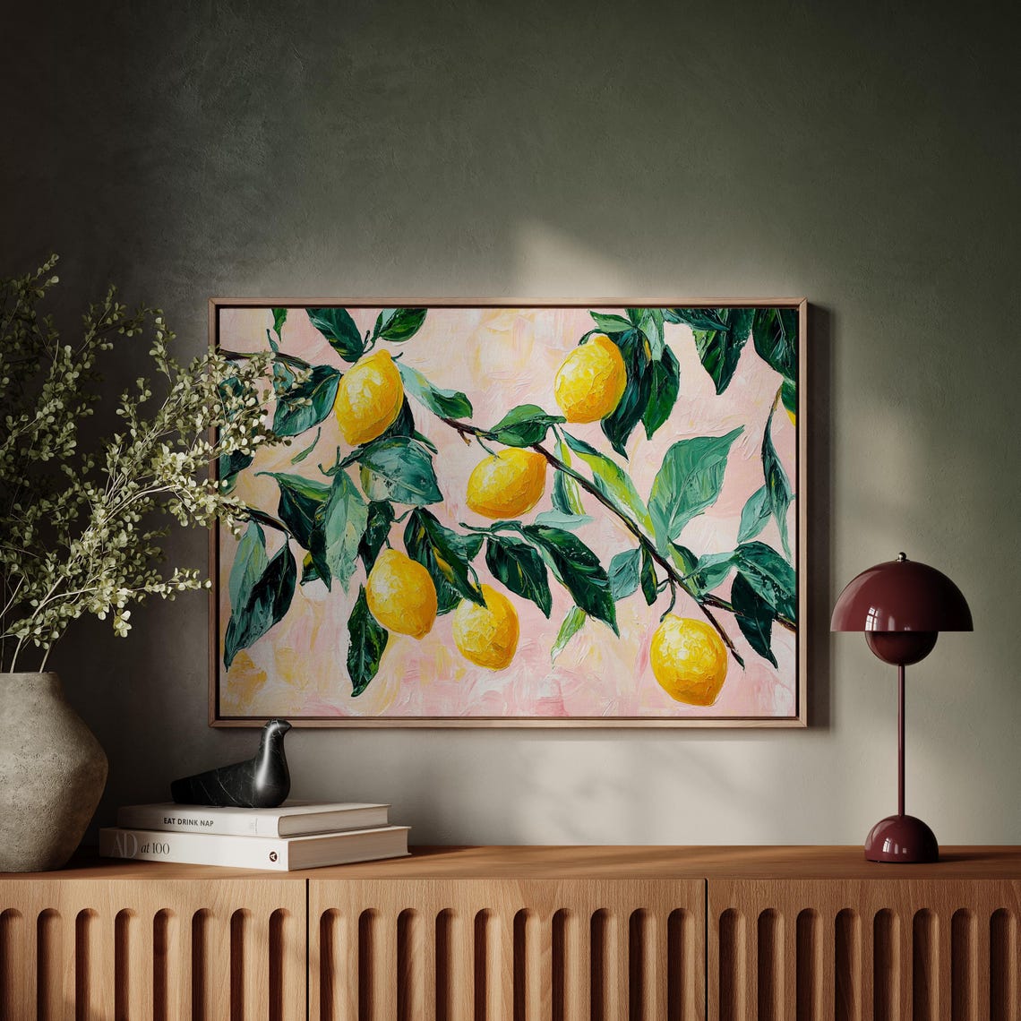 Lemon Tree Branches Bright Yellow Lemons Pastel Pink Oil Art Poster - Image 2