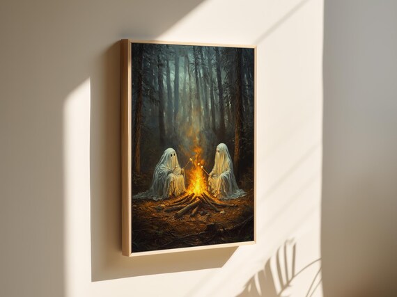 Cute Ghosts Campfire Night Forest Cozy Spooky Halloween Wall Art Poster