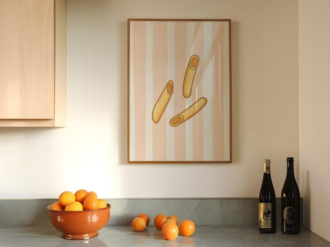 Golden Penne Noodles Pink Striped Background Minimalist Kitchen Poster - Image 4