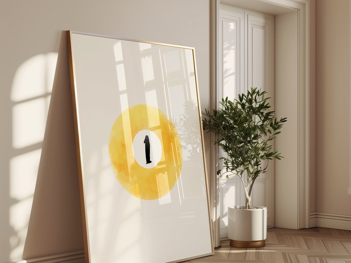 Yellow Watercolor Pool Billiard Ball Number One Minimal Poster - Image 2