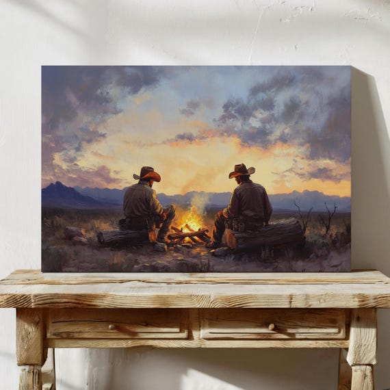 Cowboys By Campfire At Sunset Print Western Landscape Painting With Two Men Mountains And Firelight Scene