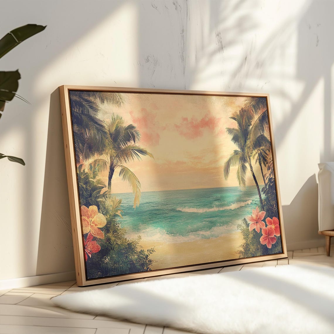Vintage Tropical Beach Hibiscus Flowers Palm Ocean Retro Travel Poster