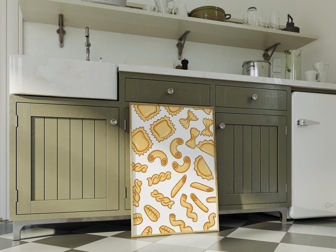 Pasta Shapes Pattern White Background Playful Italian Kitchen Poster