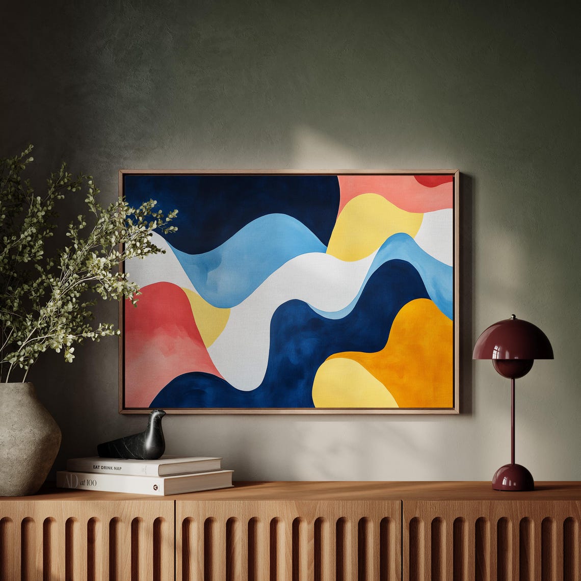Vibrant Abstract Artwork With Flowing Shapes And Bold Colors In Blue Yellow White Red And Navy Evoking Modern Harmony - Image 2