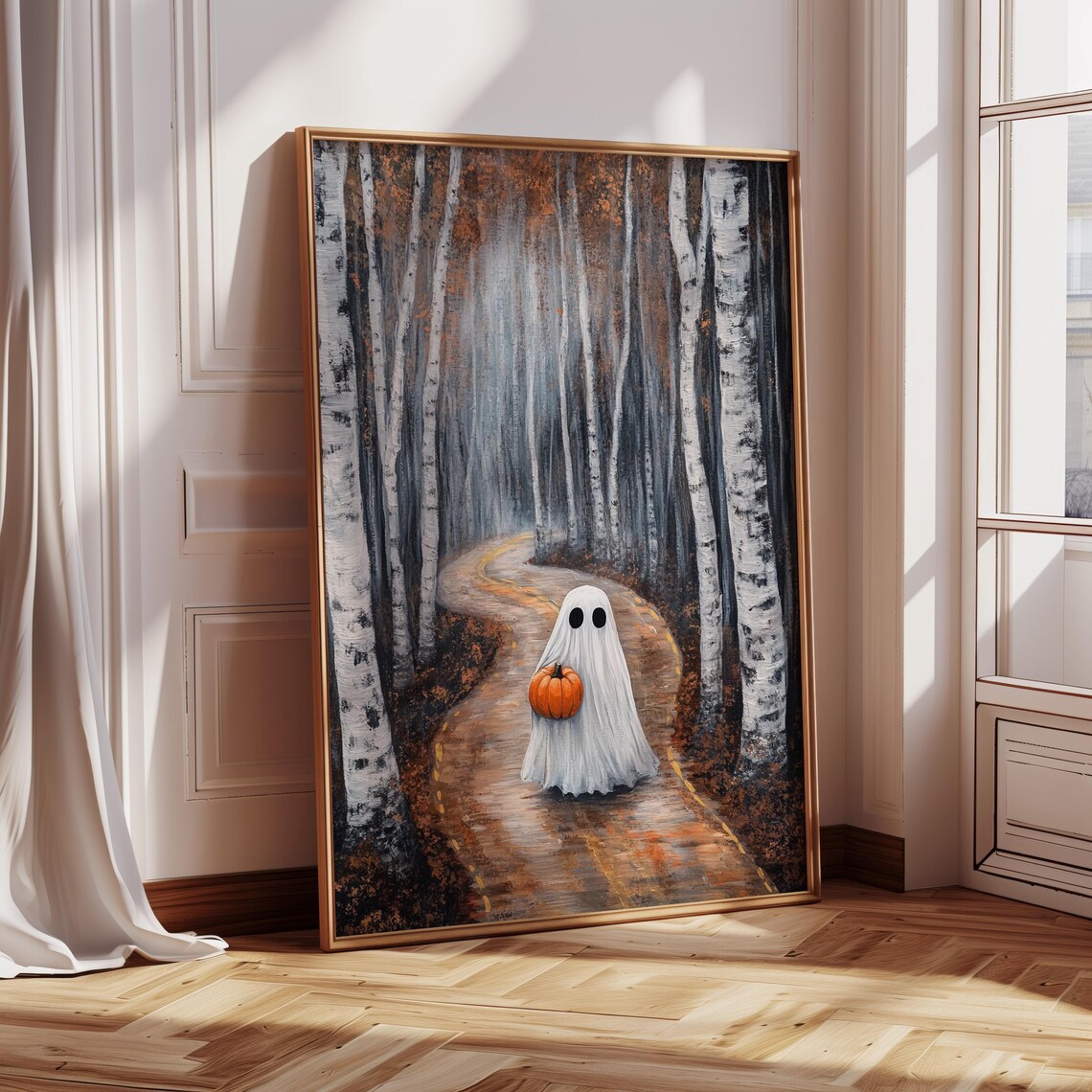 Ghost Holding Pumpkin Walking Down Autumn Birch Forest Road Poster