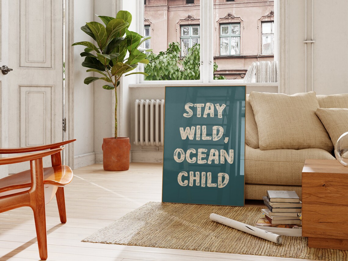 Stay Wild Ocean Child Distressed White on Teal Coastal Wall Art - Image 2