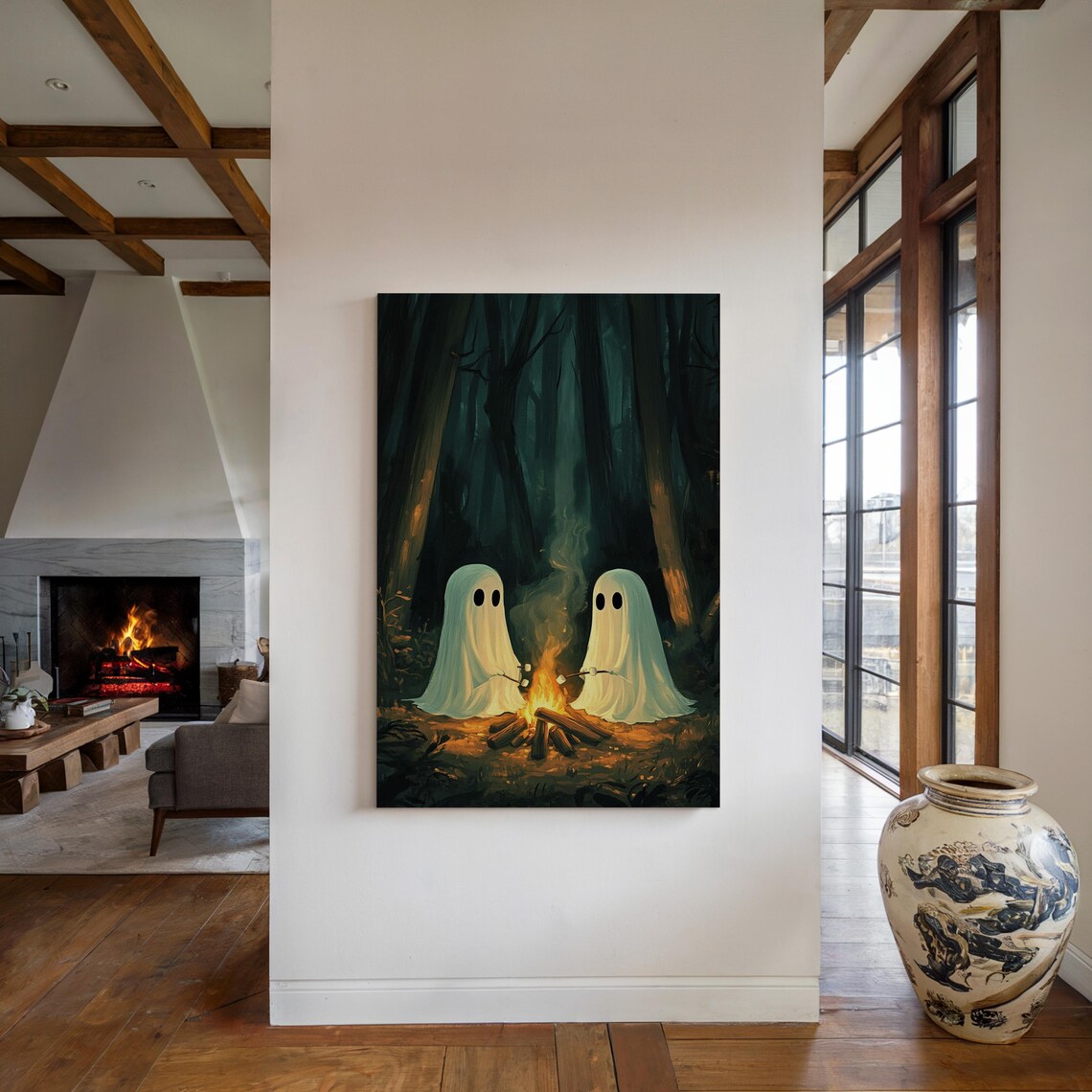 Adorable Ghost Duo Campfire Roasting Marshmallows Spooky Forest Wall Poster - Image 2