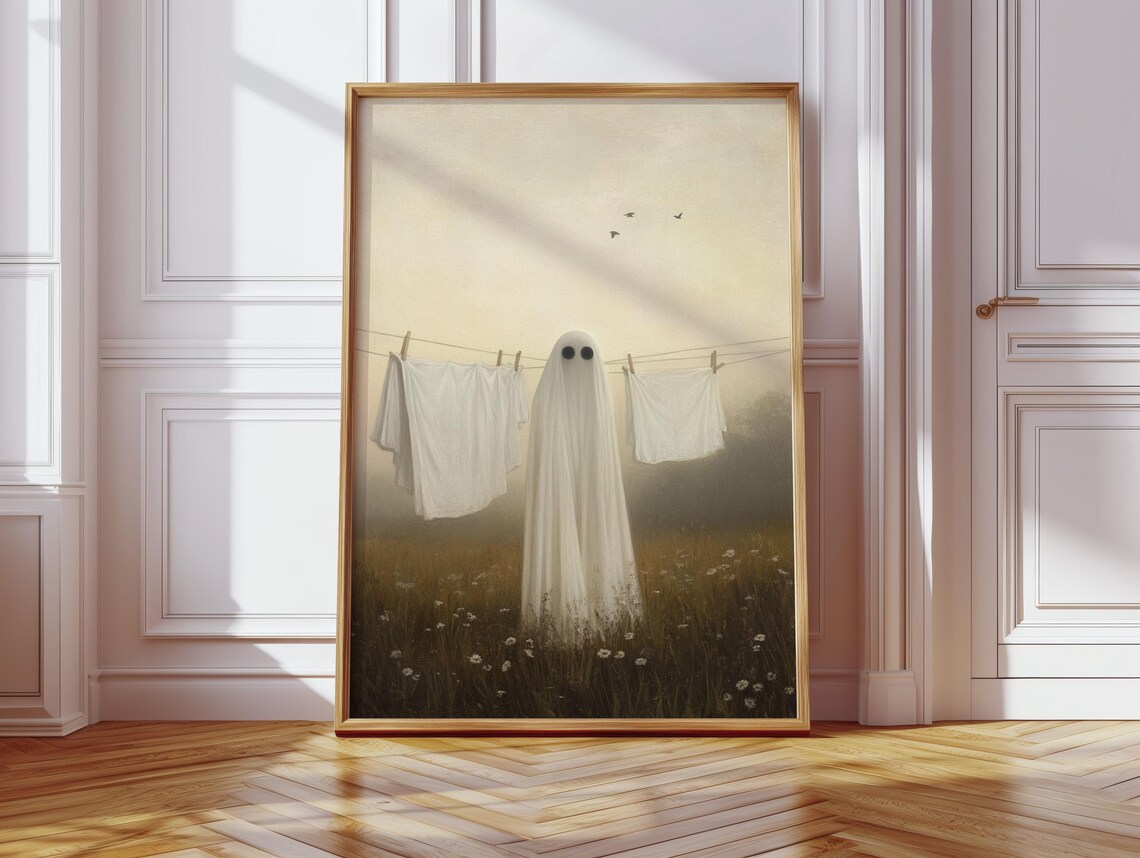 Ghost In Laundry Field, Whimsical Spooky Country Scene - Image 2