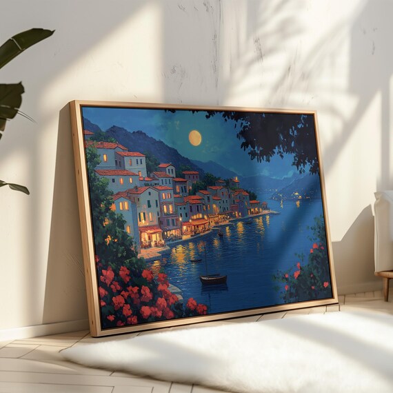Moonlit Mediterranean Village Print Coastal Wall Art With Boats Reflections And Colorful Houses Perfect For Nautical Home Decor