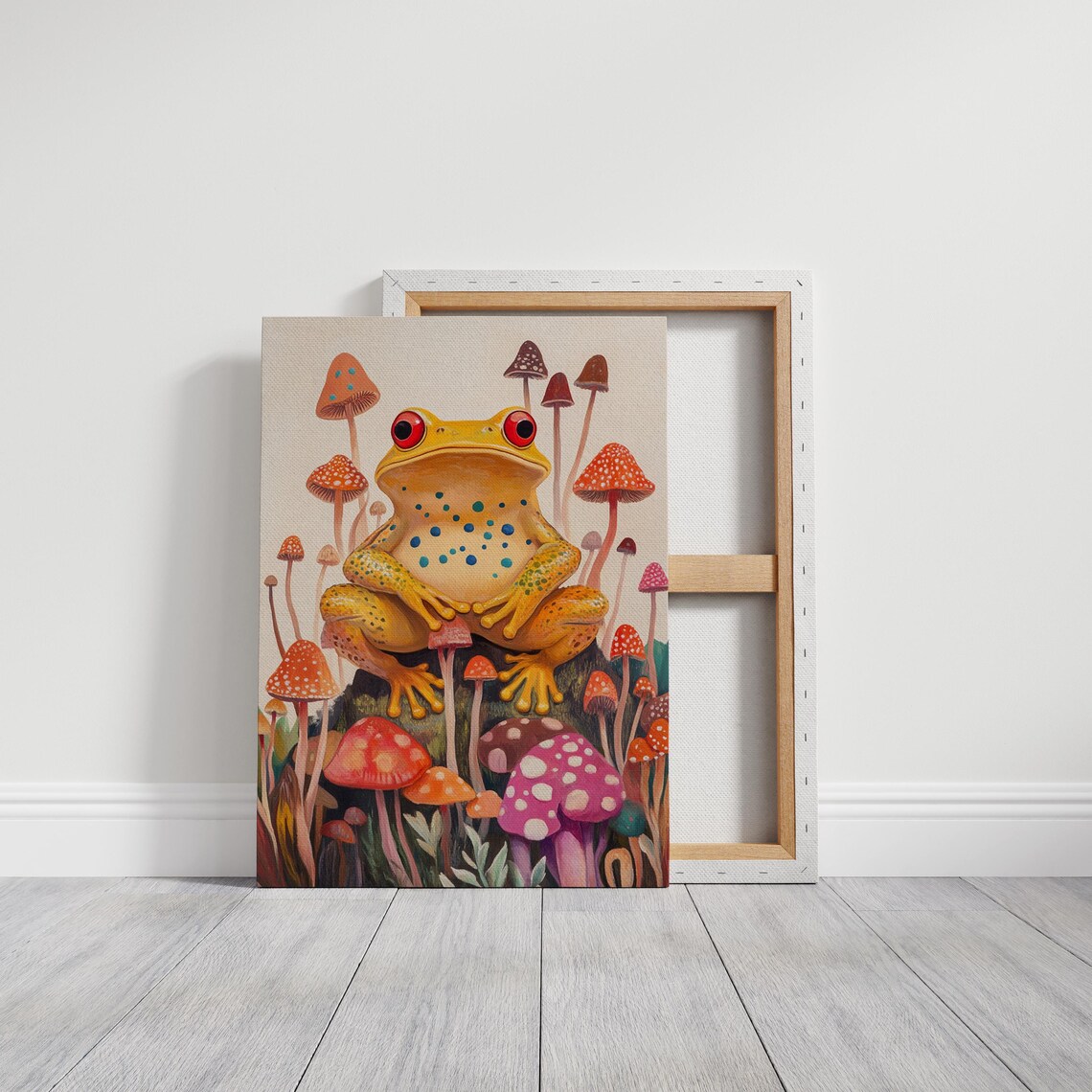 Yellow Spotted Frog Among Colorful Mushrooms Whimsical Nature Art Poster - Image 5