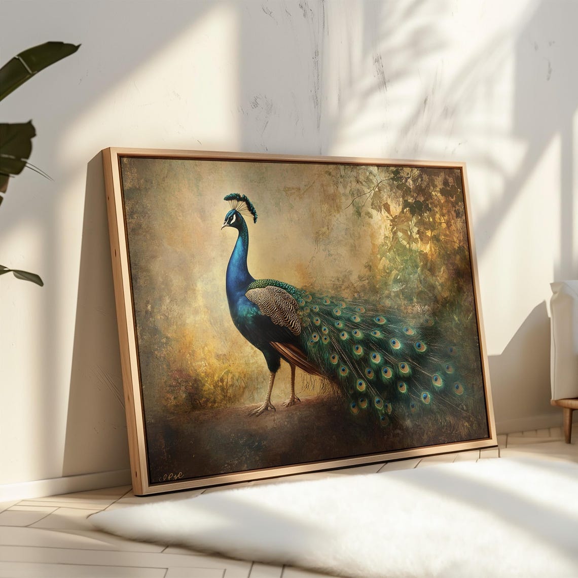 Elegant Peacock Standing Portrait Teal Blue Gold Bird Wall Art