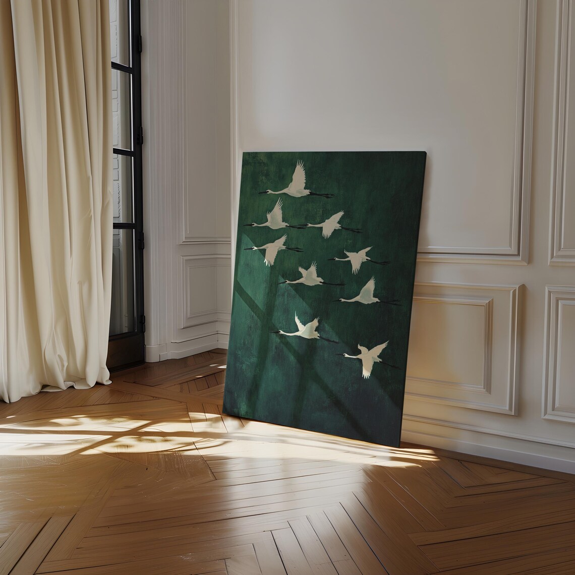 White Cranes Flying Over Dark Green Minimalist Bird Wall Art Poster - Image 2