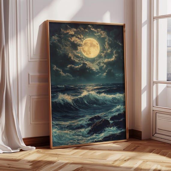 Full Moon Over Ocean Waves, Moody Seascape Art Print