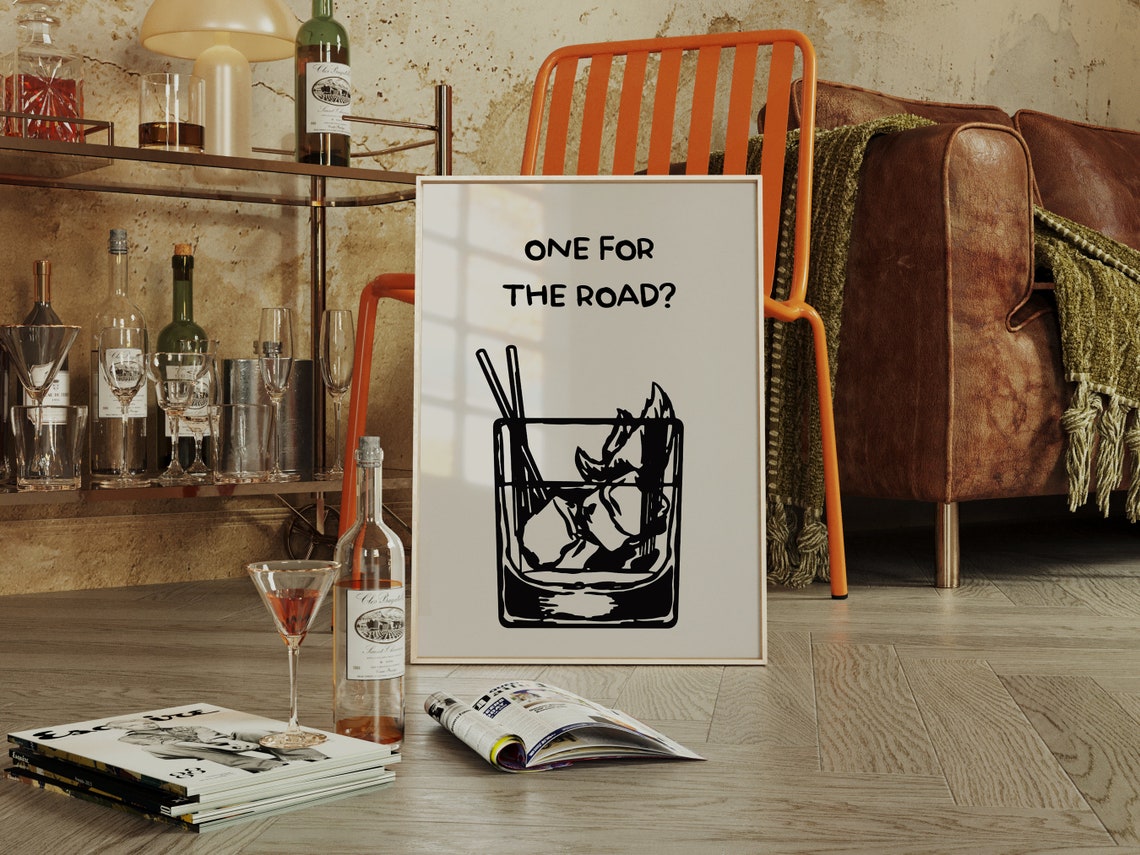 One For The Road Bar Cart Poster Boho Minimalist Prints Modern Art Minimalist Bar Art File - Image 2