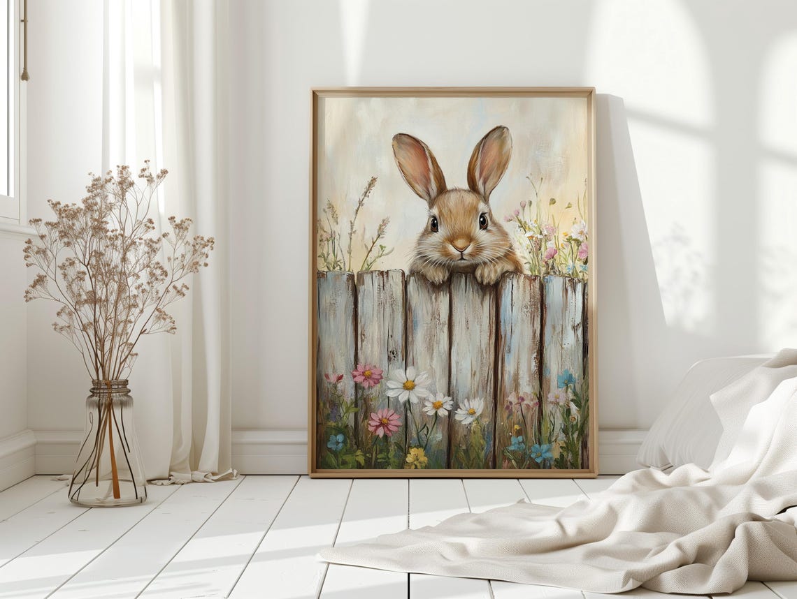 Cute Bunny and Wildflowers, Rustic Spring Rabbit Art Print - Image 2