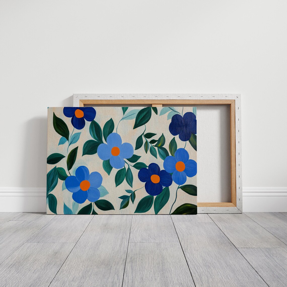 Bold Blue Blossoms Orange Centers Modern Floral Green Leaf Wall Poster - Image 5