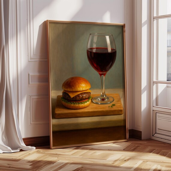 Burger And Wine Art Print, Gourmet Still Life