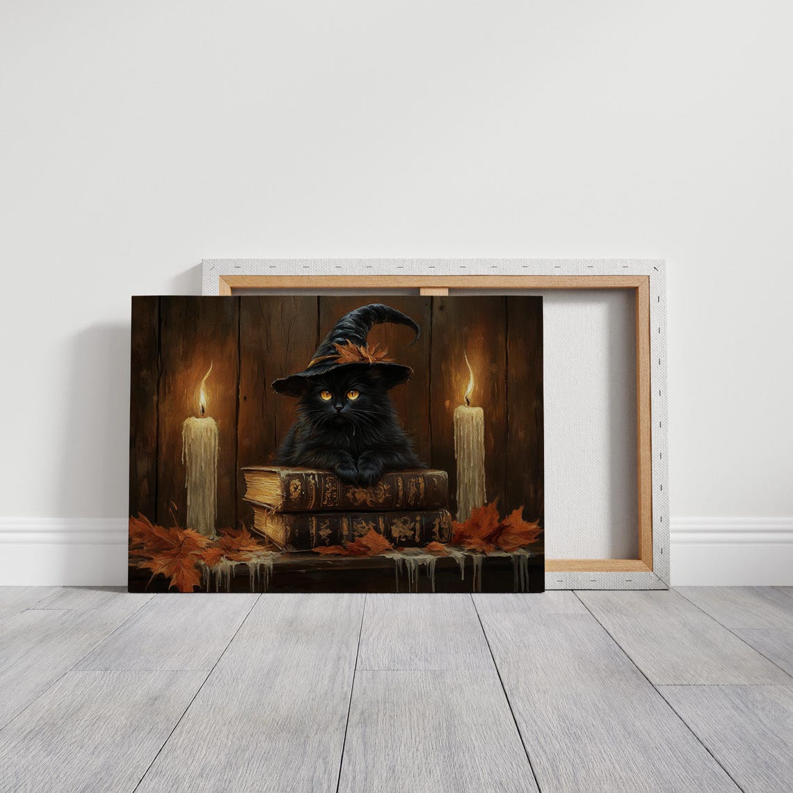 Black Cat Witch Hat Spellbook Candles Dark Wood Gothic Halloween Art - Image 3