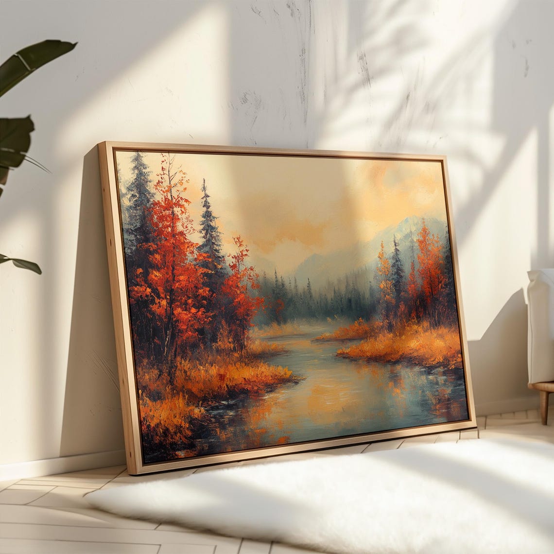Autumn River Landscape, Moody Nature Painting - Image 3