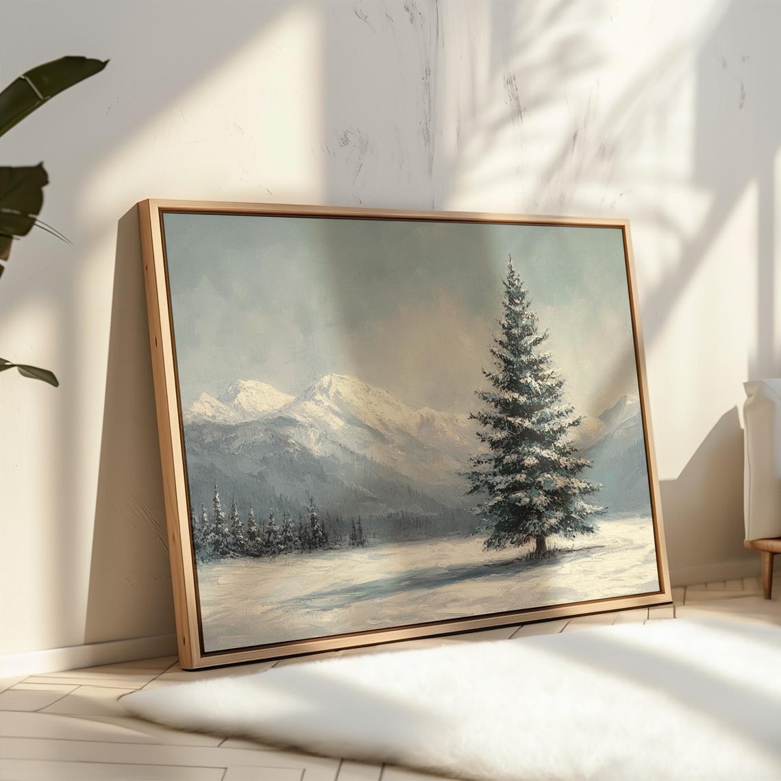 Snow Covered Pine Tree With Mountain Backdrop Serene Winter Print - Image 5