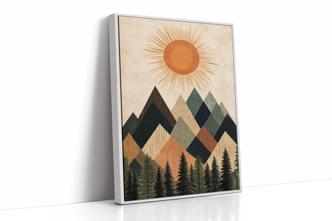 Geometric Mountain Sun Print Abstract Nature Wall Art Rustic Modern Decor Boho Forest Landscape Poster For Home Or Office - Image 2