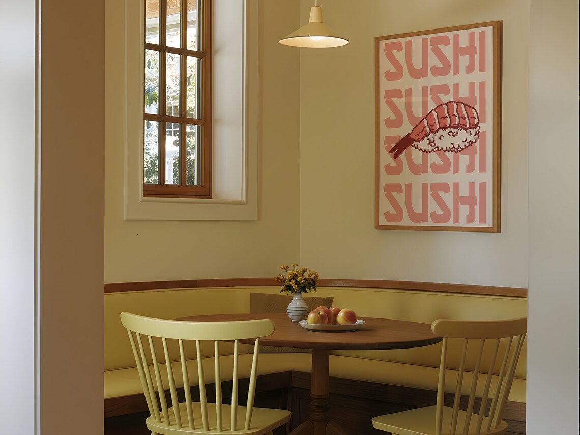 Ebi Shrimp Nigiri Sushi Retro Pink Typography Minimal Kitchen Wall Art - Image 2