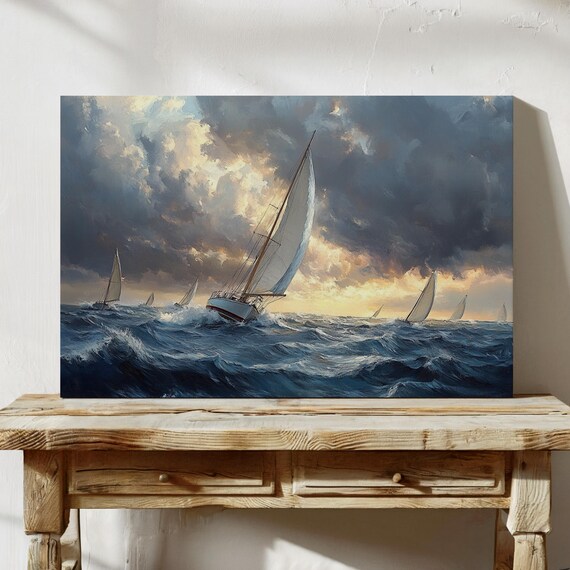 Dramatic Sailboat Seascape Wall Art Nautical Ocean Painting Stormy Sea Sailing Print Coastal Home Decor Maritime Artwork