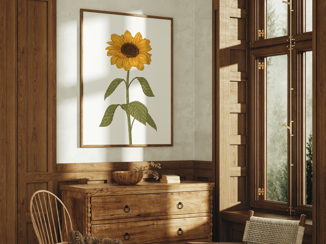 Sunflower Stem Botanical Illustration Vintage Style Floral Wall Art